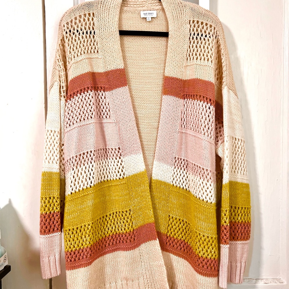 True Craft Striped Open-Front Cardigan in Pink, Light Green, and Cream
